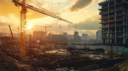 Construction Site at Sunset with a Tower Crane