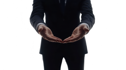 Businessman empty hand holding transparent sample mockup isolated png with no background.