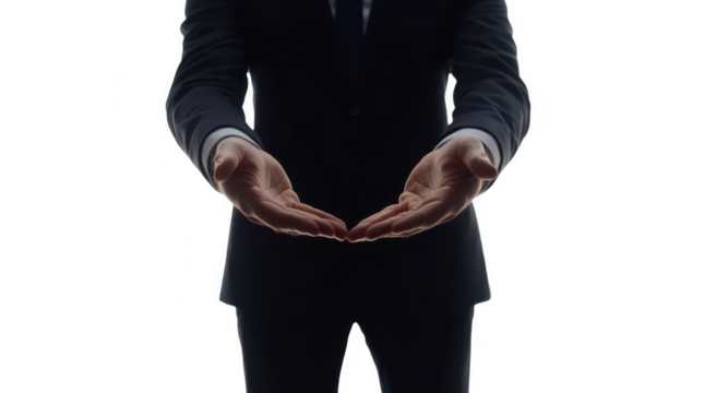 Businessman empty hand holding transparent sample mockup isolated png with no background.