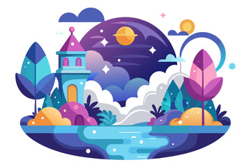 Fantasy Landscape with a Tower and Celestial Bodies