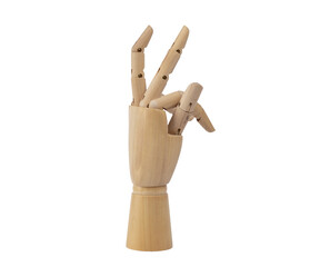 Wooden hand beckoning fingers, thumb and forefinger together. PNG Transparent background.