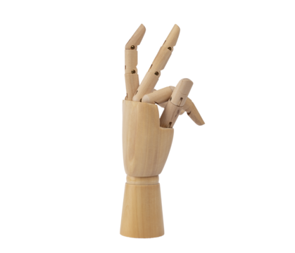 Wooden hand beckoning fingers, thumb and forefinger together. PNG Transparent background.