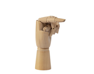 Wooden hand pointing to one side with index finger horizontally. PNG Transparent background.  Concept of show, indicate, symbol, gesture and sign