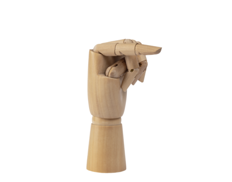 Wooden hand pointing to one side with index finger horizontally. PNG Transparent background.  Concept of show, indicate, symbol, gesture and sign