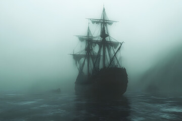 Eerie ghost ship adrift in a fog-laden ocean, haunting silhouette against a backdrop of swirling mist, evoking a sense of mystery and the unknown