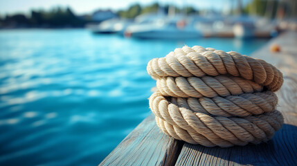 Fototapeta premium Coiled Rope by the Marina. A neatly coiled rope resting on a wooden dock with boats and water in the background, evoking a calm maritime setting.