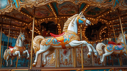 Carousel Horse. A beautifully detailed carousel horse with a classic design, surrounded by glowing lights.
