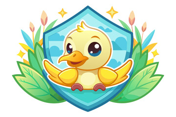 Obraz premium Cartoon Duckling Inside a Blue Shield with Flowers and Leaves