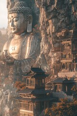 Obraz premium A closeup 3D render of an elegant ancient china city, with a giant buddha statue carved on a mountain in the background, minimalist style with subtle colors, soft lighting