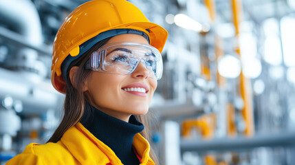 A confident woman wearing a hard hat and safety glasses, smiling while working in an industrial environment.