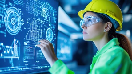A female engineer wearing a helmet and glasses, interacting with a high-tech interface in a modern workspace.