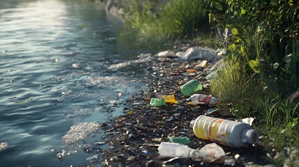 Fototapeta premium 79. 3D visualization of a polluted riverbank with visible trash and chemical contaminants, isolated on a smooth backdrop