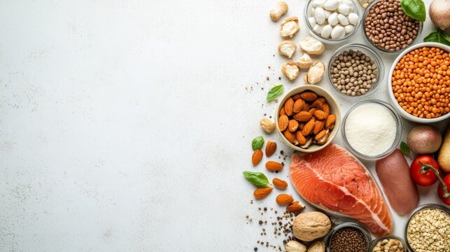 Proteins are large biomolecules and macromolecules that comprise one or more long chains of amino acid residues. Proteins foods banner with empty copyspace.