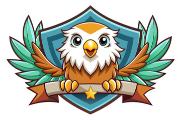 Obraz premium Cartoon Eagle with Spread Wings Holding a Banner and Star in a Shield