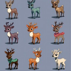 Fototapeta premium A colorful illustration of cartoon deer in various poses and colors.