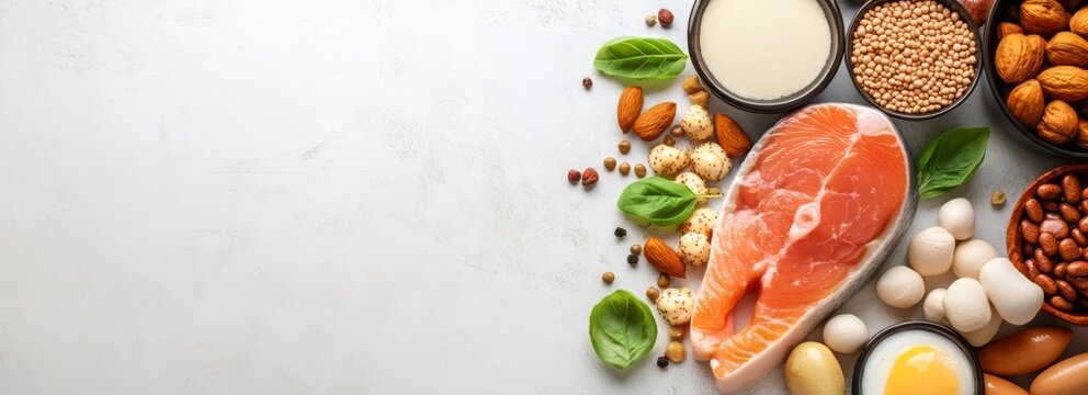 Proteins are large biomolecules and macromolecules that comprise one or more long chains of amino acid residues. Proteins foods banner with empty copyspace.