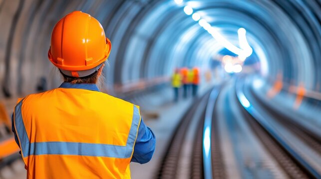 Construction worker observing railway tunnel progress with safety gear, highlighting teamwork and infrastructure development.