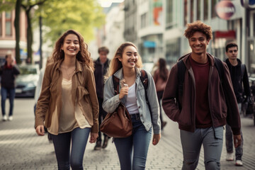 Fototapeta premium Happy young interracial students chatting with each other after class standing outside. Guy and girls wear casual clothes to study. Lifestyle concept, sincere emotions