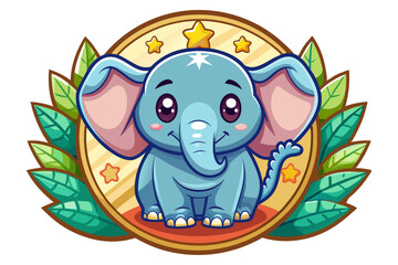 Obraz premium Cute Cartoon Elephant with Big Eyes Surrounded by Leaves and Stars