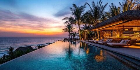 Fototapeta premium Infinity pool with ocean view at sunset.