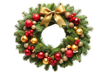Wreath Design: Green leaves with a red or gold bow and small baubles. Use green, red, and gold colors. White background to highlight freshness.
