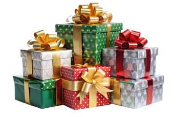 Obraz premium Gift Boxes Design: Create multiple large ribbon gift boxes stacked, with optional festive motifs. Use red, green, gold, and silver colors. Background should be white.