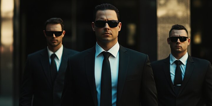 bodyguards in black suits, ties, and sunglasses