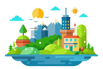 Fototapeta premium Flat Design Illustration of a Town by a Lake with Mountains in the Background