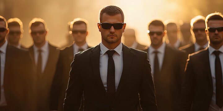 bodyguards in black suits, ties, and sunglasses