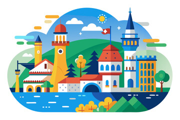 Colorful Cityscape with Towers, Buildings, and Water