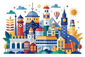 A Colorful Illustration of a Cityscape with Various Buildings and Elements