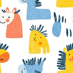 A playful pattern featuring colorful cartoon animals like horses and rabbits.