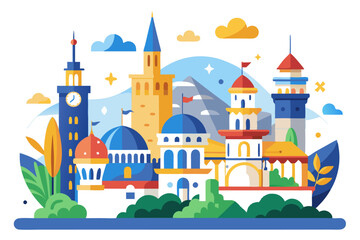 A Colorful Cityscape with Architectural Landmarks and Lush Greenery