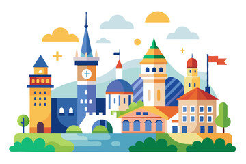 Fototapeta premium Colorful Cartoon Cityscape with Buildings, River, and Trees