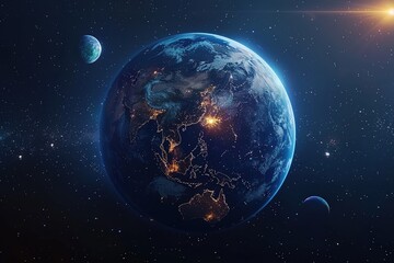 Obraz premium Earth from space with city lights glowing on the surface, surrounded by stars and other celestial bodies in the background