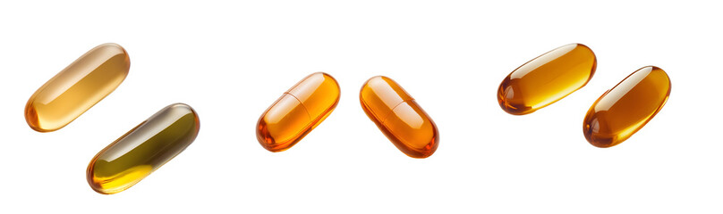 Soft nutritional supplement, Omega 3 isolated on a transparent PNG background, white background , cut out, clipping path, Generative Ai