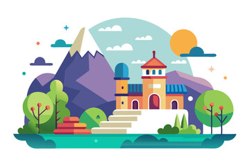 Fototapeta premium Flat Illustration of a Small Village with a Mountain in the Background