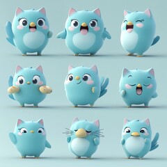 Obraz premium A collection of cute, cartoonish blue birds displaying various emotions and poses.