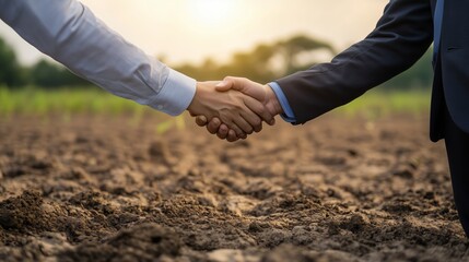 Two business people shaking hands in a field during sunset, signifying partnership and agriculture collaboration
