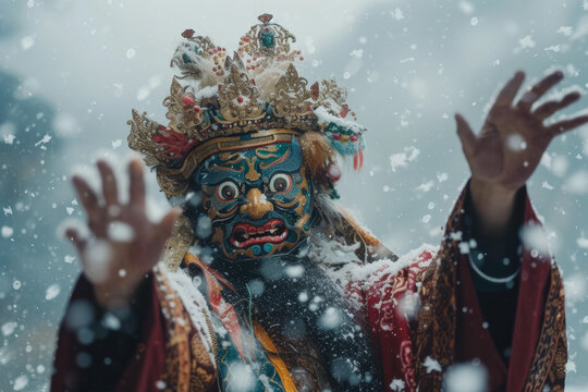 Tibetan masked dancer performing traditional ritual Cham dance dance in mountains, showcasing colorful attire and spiritual celebration, embodying ancient cultural heritage