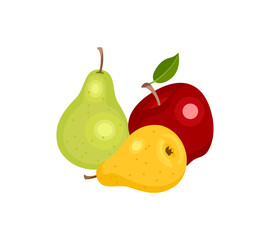 Red apple, yellow and green pear isolated on white. Group of fresh ripe juicy fruits. Vector cartoon flat illustration.