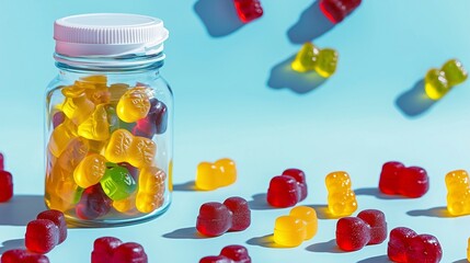 A clear bottle filled with colorful gummy supplements on a light blue background, surrounded by scattered gummies.