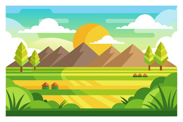 Obraz premium Sunny Day Landscape with Mountains, Trees, and Fields