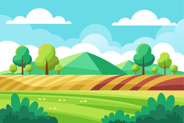 Obraz premium Cartoon Landscape with Green Fields, Trees, and Mountains