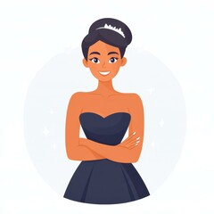 A cheerful brownskinned woman in a strapless dress, arms crossed, adorned with long fingernails, perfect for any design