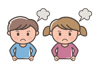 怒っている男の子と女の子の上半身イラスト（小学生、幼児、子供）