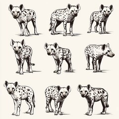 Fototapeta premium A grid of stylized hyena illustrations in various poses.