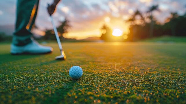 A golfer stands poised to make a putt on a vibrant green fairway at sunset. The warm light highlights the pristine grass, creating a serene golfing atmosphere