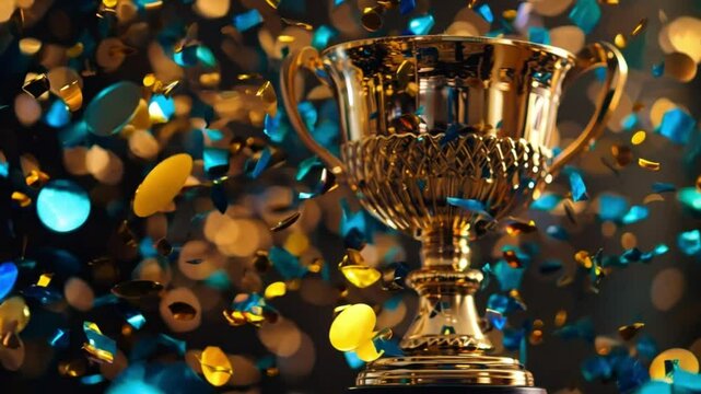Golden trophy cup surrounded by falling confetti, celebration of victory and success.