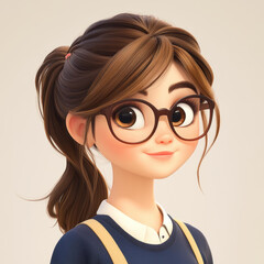 Fototapeta premium A charming cartoon girl with brown hair in a ponytail, depicted in stunning hyperdetailed realism. Perfect for villagecore themes